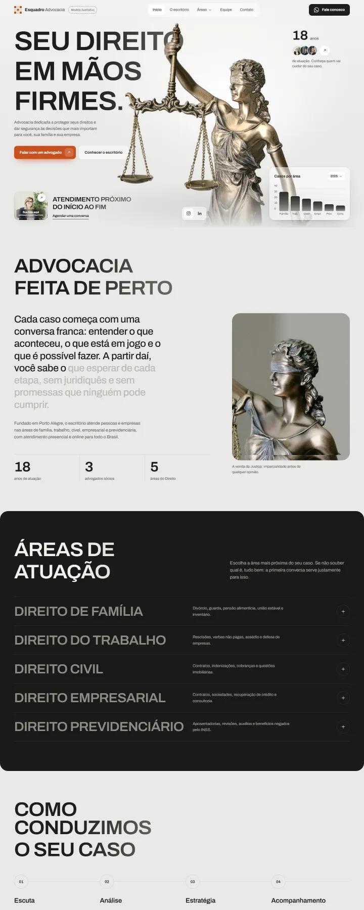 Modelo Esquadro Advocacia no computador: abertura com a estátua da Justiça, o escritório e as áreas de atuação