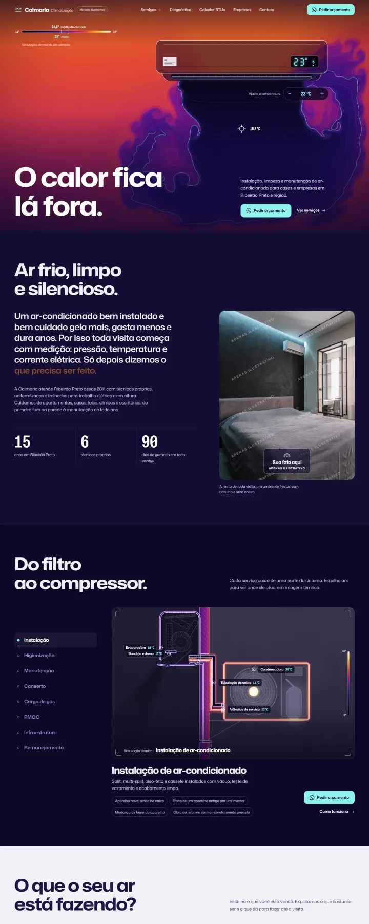 Modelo Calmaria Climatização no computador: abertura com a câmera térmica, a empresa e o diagrama dos serviços