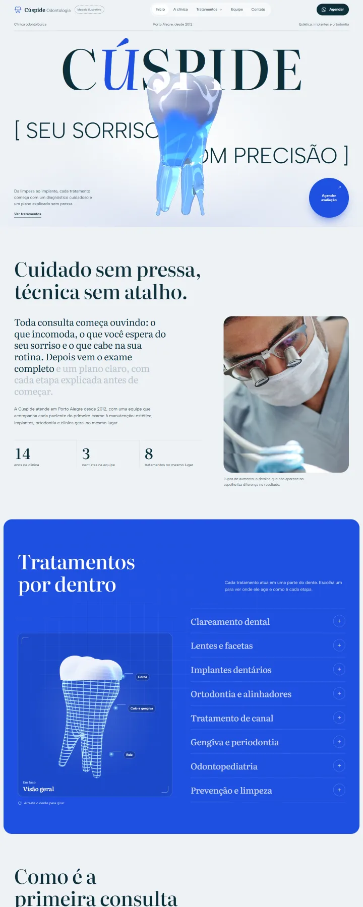 Modelo Cúspide Odontologia no computador: abertura com o dente de vidro, a clínica e os tratamentos